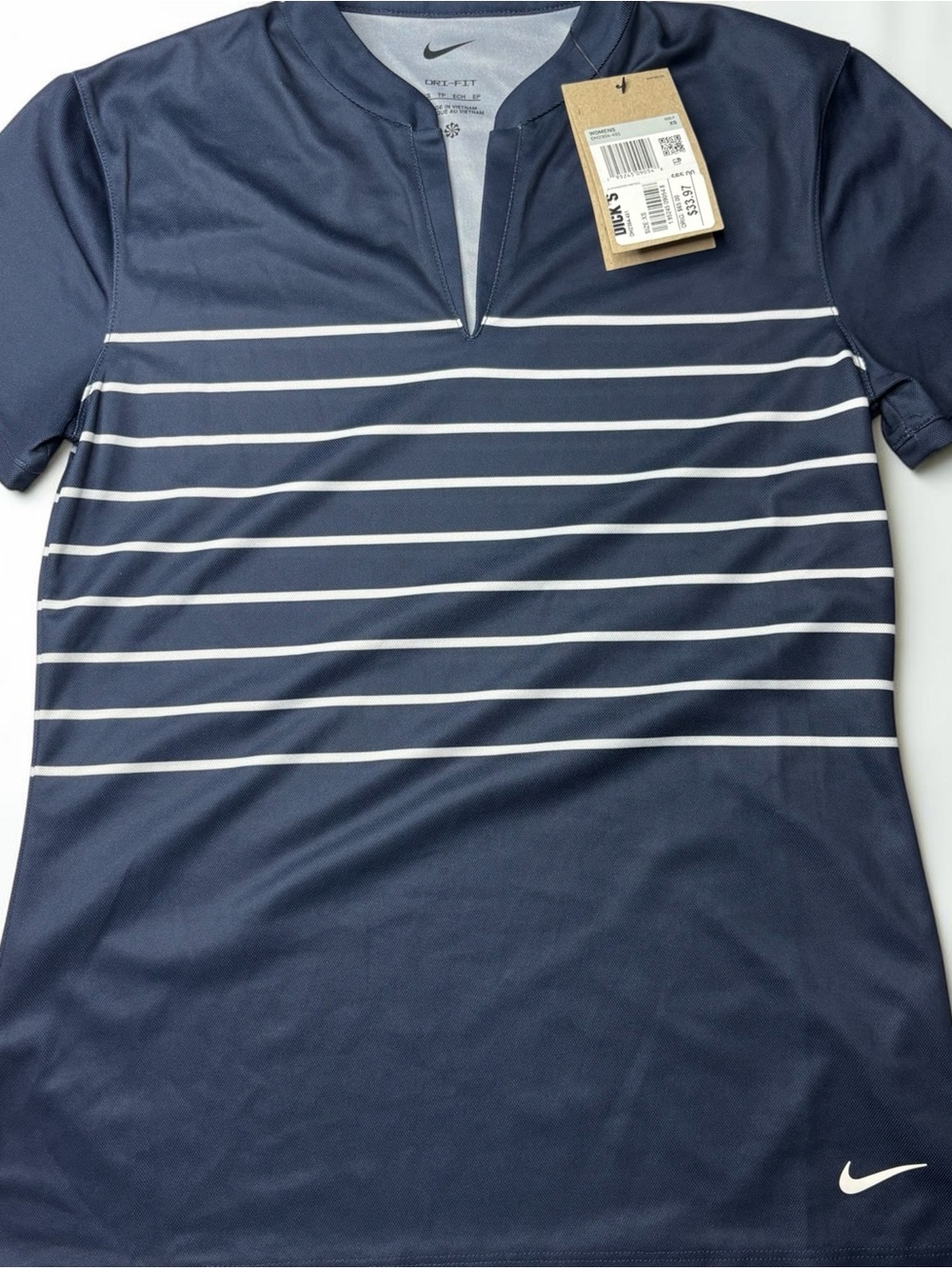 Nike Women’s Navy and White Striped Short Sleeve V-Notch Tee